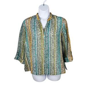 Hearts of Palm Top Womens 16 Turquoise Multicolor Print Sheer Blouse 3/4 Sleeve